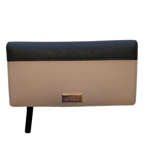 Kate Spade‎ New York Bifold Wallet Beige Black Leather Coin Zip Card Slots
